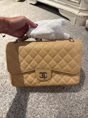 Chanel Classic Jumbo Double Flap – Beige Caviar Leather with Silver Hardware